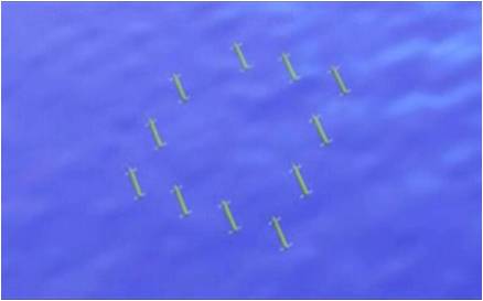 In questa immagine si vede una simulazione di Robot Sottomarini disposti in formazione.