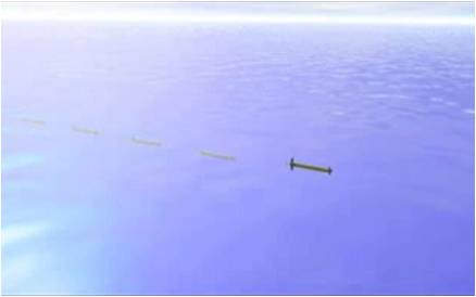 In questa immagine si vede una simulazione di robot sottomarini che navigano in fila indiana.